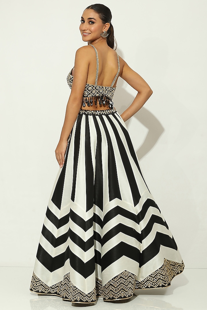 Black & White Dupion Silk Mirror Embellished & Stripe Printed Wedding Lehenga Set by Vandana Sethi at Pernia's Pop Up Shop
