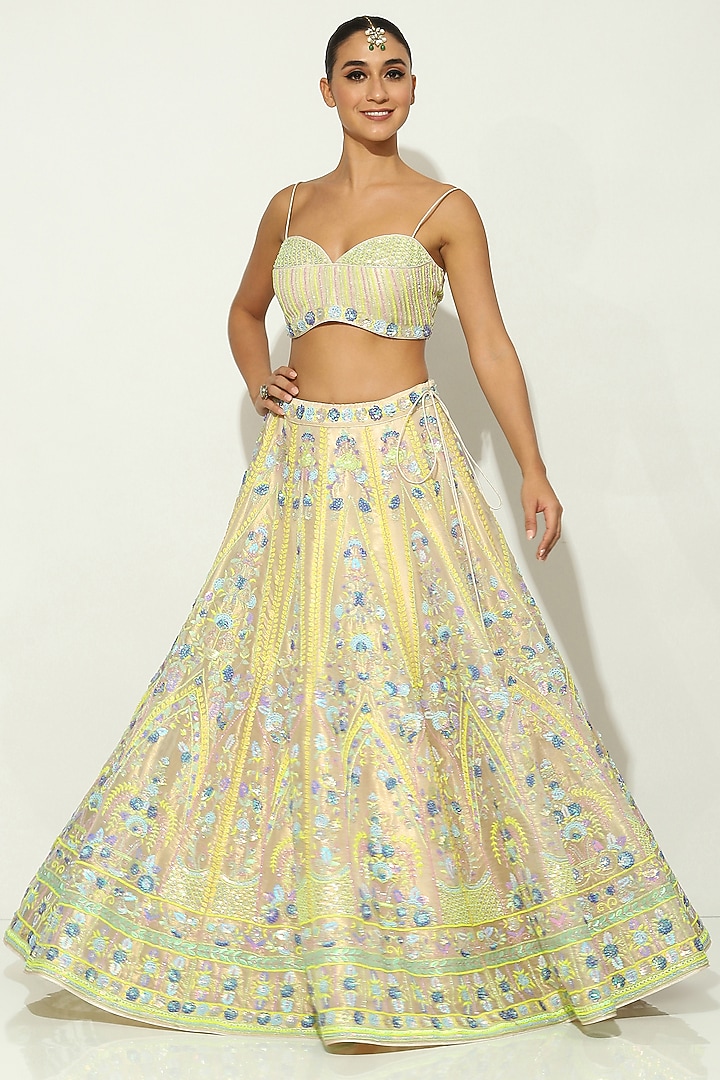 Ivory Shimmer Organza Bead Embellished Bridal Lehenga Set by Vandana Sethi at Pernia's Pop Up Shop