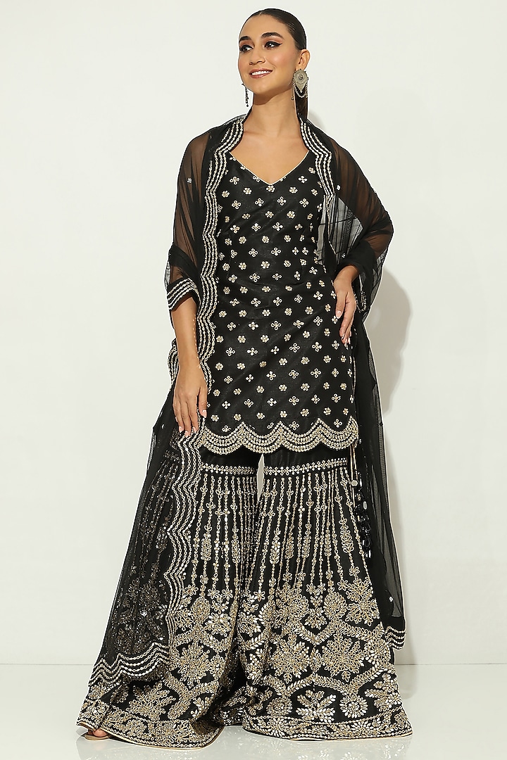 Black Dupion Silk Mirror Embellished Gharara Set by Vandana Sethi at Pernia's Pop Up Shop