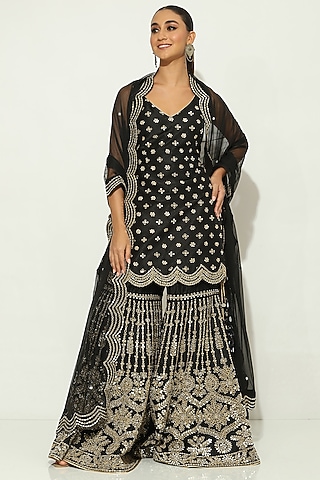 Black Dupion Silk Mirror Embellished Gharara Set by Vandana Sethi