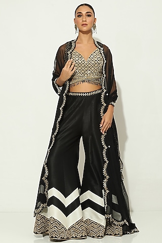 Black & White Dupion Silk Mirror Embellished Sharara Set by Vandana Sethi