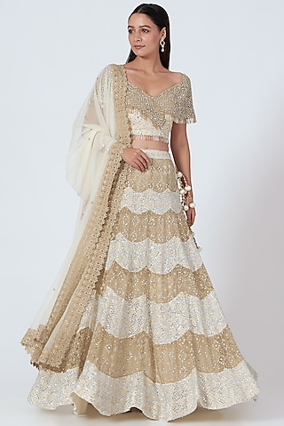 Ivory & Beige Embroidered Lehenga Set by Vandana Sethi