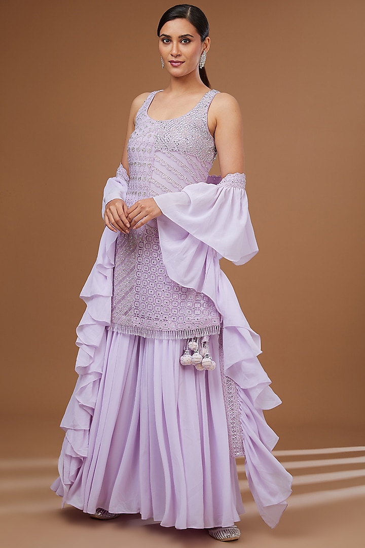 Lilac Georgette Gharara Set by Vandana Sethi at Pernia's Pop Up Shop