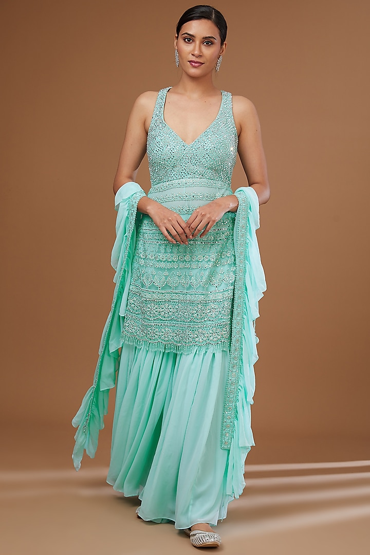 Light Aqua Georgette Gharara Set by Vandana Sethi at Pernia's Pop Up Shop