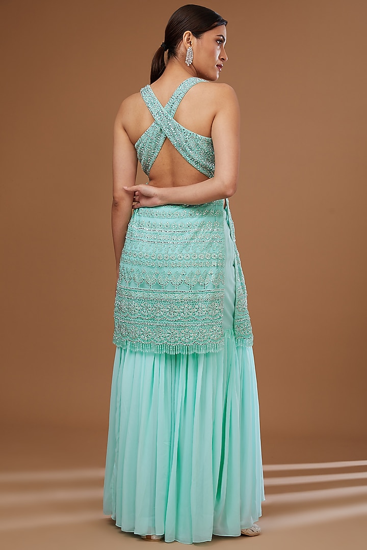 Light Aqua Georgette Gharara Set by Vandana Sethi at Pernia's Pop Up Shop