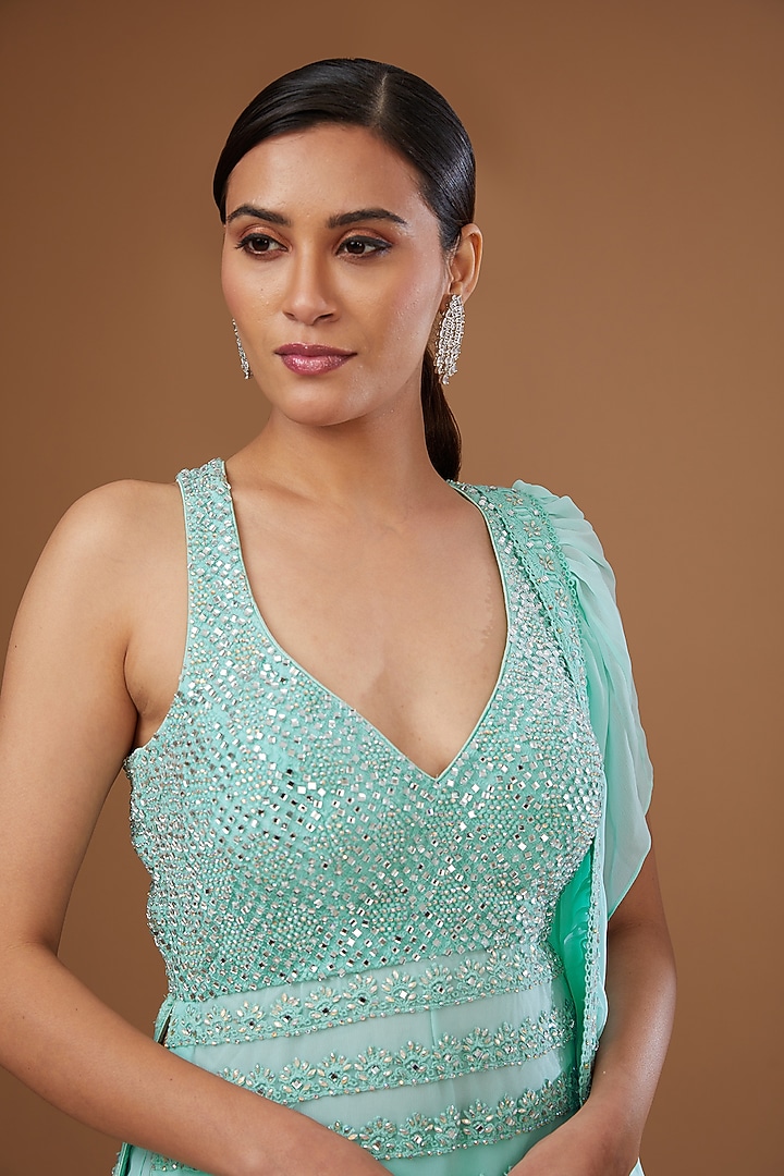 Light Aqua Georgette Gharara Set by Vandana Sethi at Pernia's Pop Up Shop