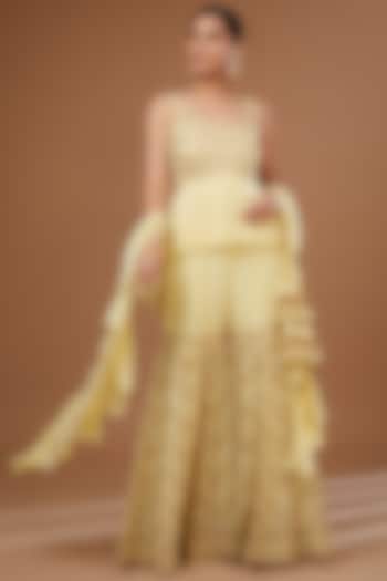 Yellow Georgette Gota Patti & Mirror Embroidered Gharara Set by Vandana Sethi at Pernia's Pop Up Shop