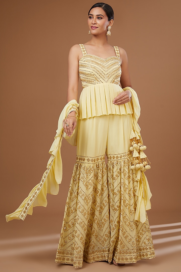 Yellow Georgette Gota Patti & Mirror Embroidered Gharara Set by Vandana Sethi at Pernia's Pop Up Shop