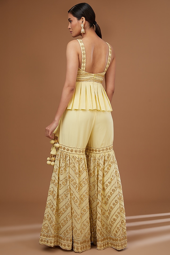 Yellow Georgette Gota Patti & Mirror Embroidered Gharara Set by Vandana Sethi at Pernia's Pop Up Shop