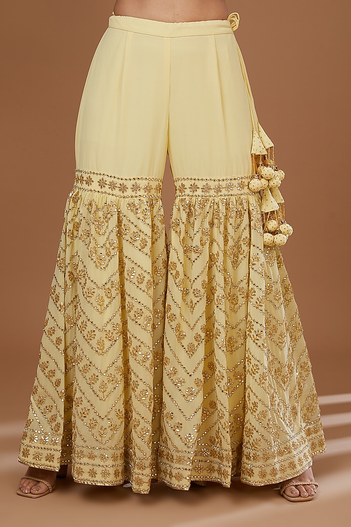 Yellow Georgette Gota Patti & Mirror Embroidered Gharara Set by Vandana Sethi at Pernia's Pop Up Shop