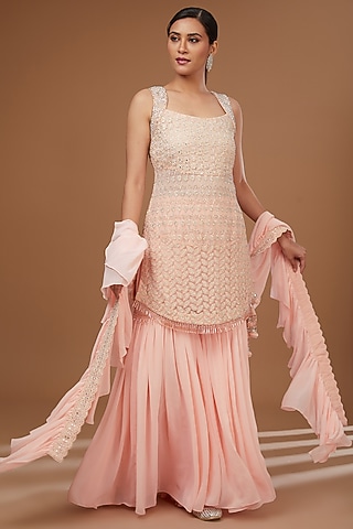 Peach Georgette Gharara Set by Vandana Sethi