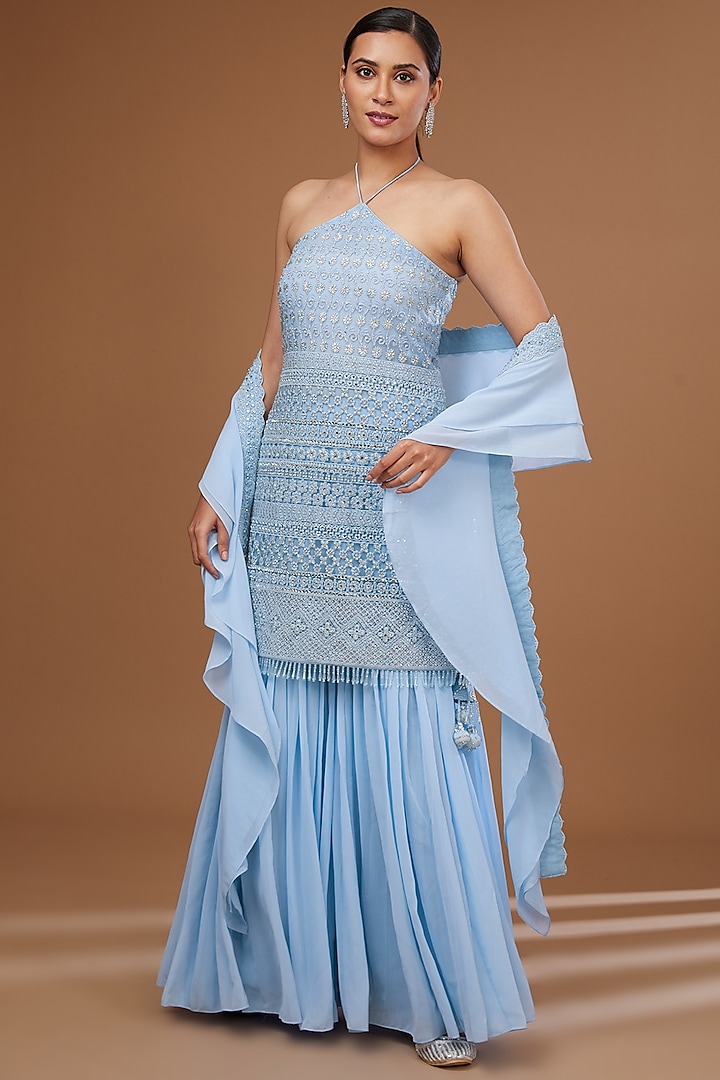 Ice Blue Georgette Gharara Set by Vandana Sethi at Pernia's Pop Up Shop