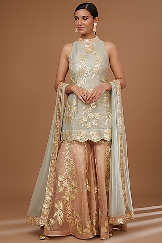 Peach Gota Embroidered Gharara Set by Vandana Sethi