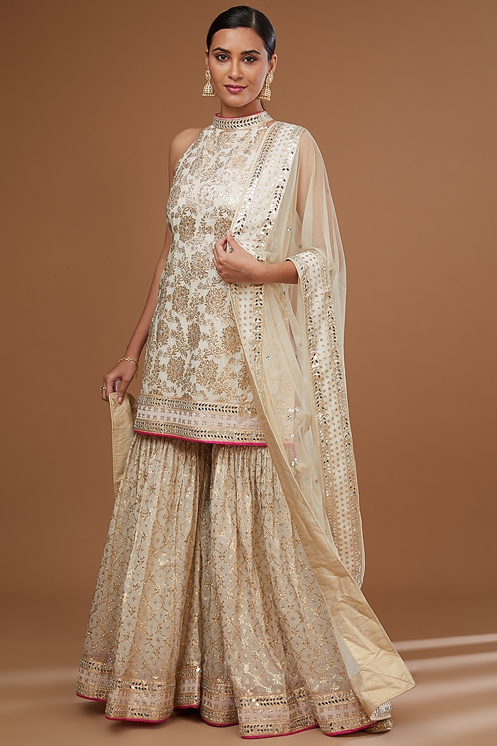 Ivory Chanderi Swarovski Embroidered Gharara Set by Vandana Sethi at Pernia's Pop Up Shop