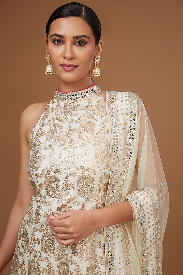 Ivory Chanderi Swarovski Embroidered Gharara Set by Vandana Sethi at Pernia's Pop Up Shop