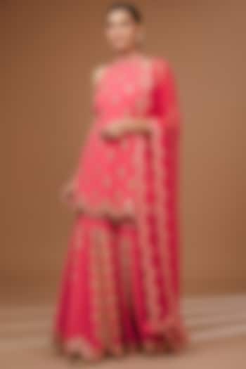 Rose Pink Georgette Gota Patti Embroidered Gharara Set by Vandana Sethi at Pernia's Pop Up Shop