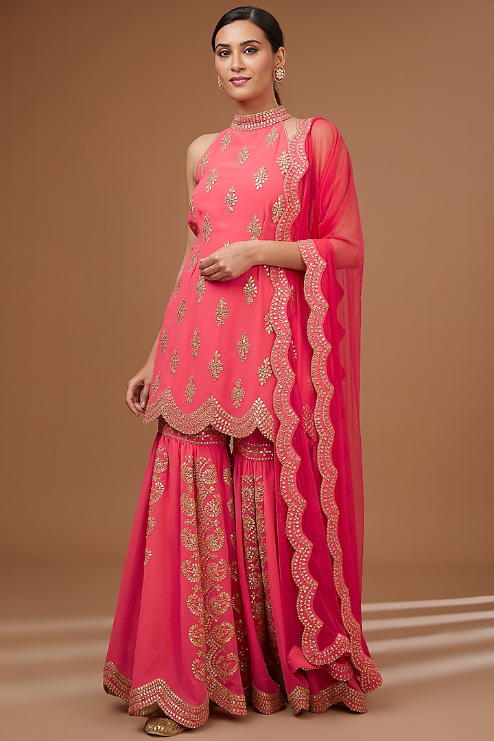 Rose Pink Georgette Gota Patti Embroidered Gharara Set by Vandana Sethi at Pernia's Pop Up Shop