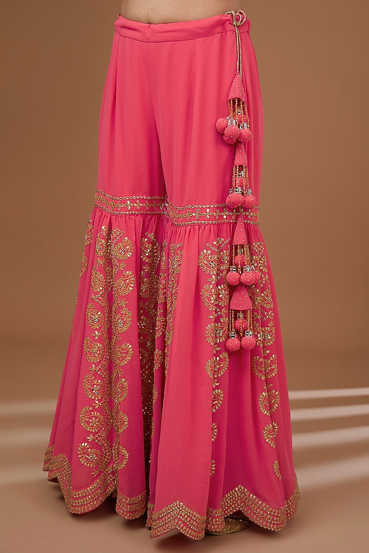 Rose Pink Georgette Gota Patti Embroidered Gharara Set by Vandana Sethi at Pernia's Pop Up Shop