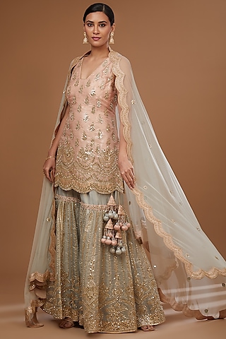 Grey Mirror & Gota Embroidered Gharara Set by Vandana Sethi