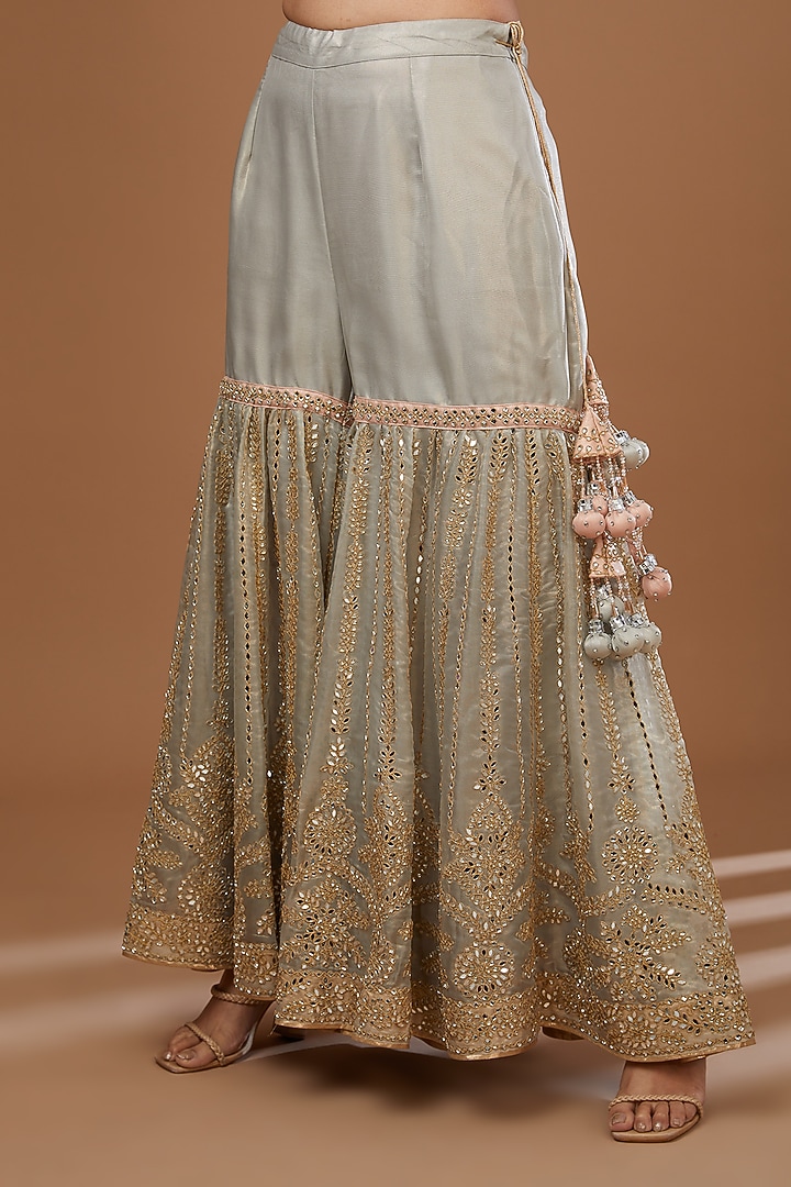 Grey Mirror & Gota Embroidered Gharara Set by Vandana Sethi at Pernia's Pop Up Shop