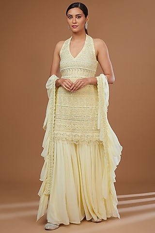 Lemon Yellow Georgette Gharara Set by Vandana Sethi
