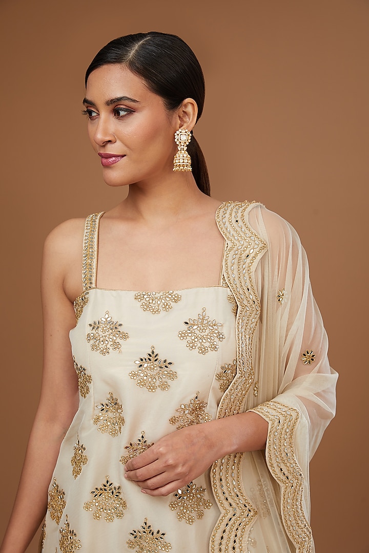 Ivory Organza Gota Patti & Mirror Embroidered Gharara Set by Vandana Sethi at Pernia's Pop Up Shop