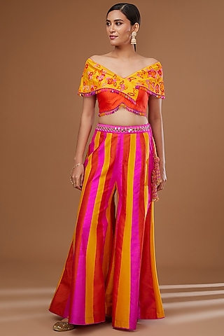 Multi-Colored Dupion Silk Striped Sharara Set by Vandana Sethi