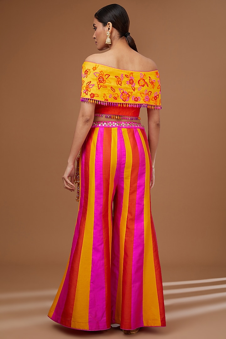 Multi-Colored Dupion Silk Striped Wedding Sharara Set by Vandana Sethi at Pernia's Pop Up Shop