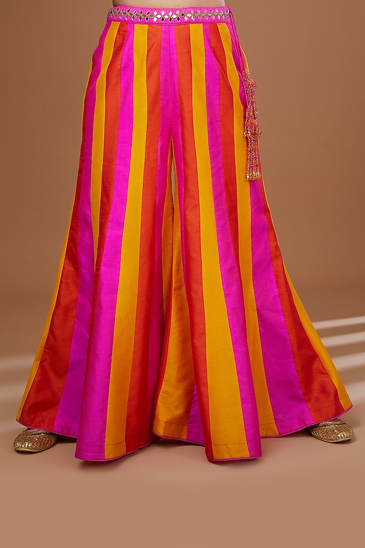 Multi-Colored Dupion Silk Striped Wedding Sharara Set by Vandana Sethi at Pernia's Pop Up Shop