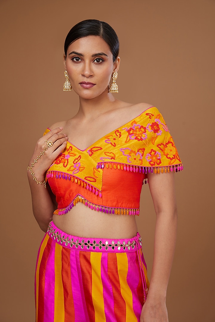 Multi-Colored Dupion Silk Striped Wedding Sharara Set by Vandana Sethi at Pernia's Pop Up Shop