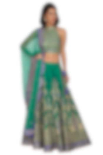 Green & Blue Embroidered Lehenga Set by Vandana Sethi