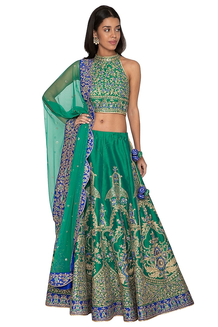 Green & Blue Embroidered Lehenga Set by Vandana Sethi