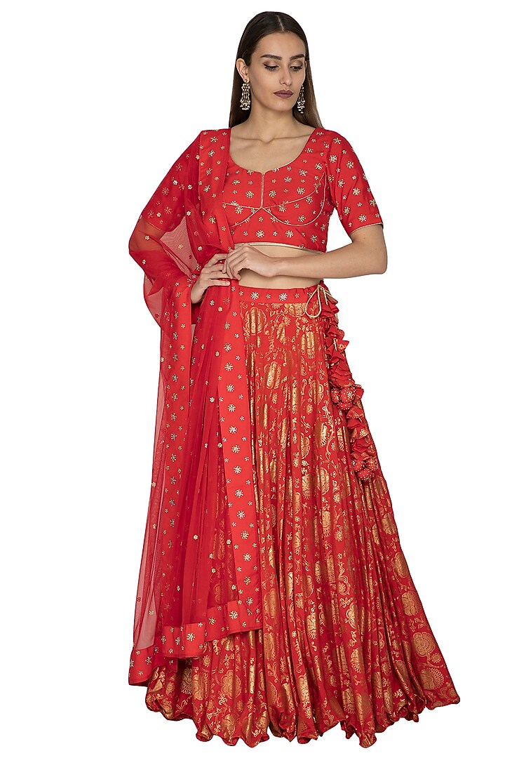 Red Printed & Embroidered Lehenga Set by Vandana Sethi