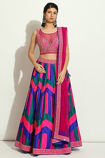 Multi-Colored Dupion Silk Chevron Wedding Lehenga Set by Vandana Sethi at Pernia's Pop Up Shop
