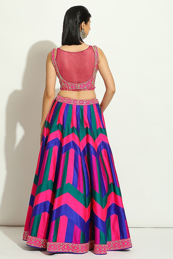 Multi-Colored Dupion Silk Chevron Wedding Lehenga Set by Vandana Sethi at Pernia's Pop Up Shop