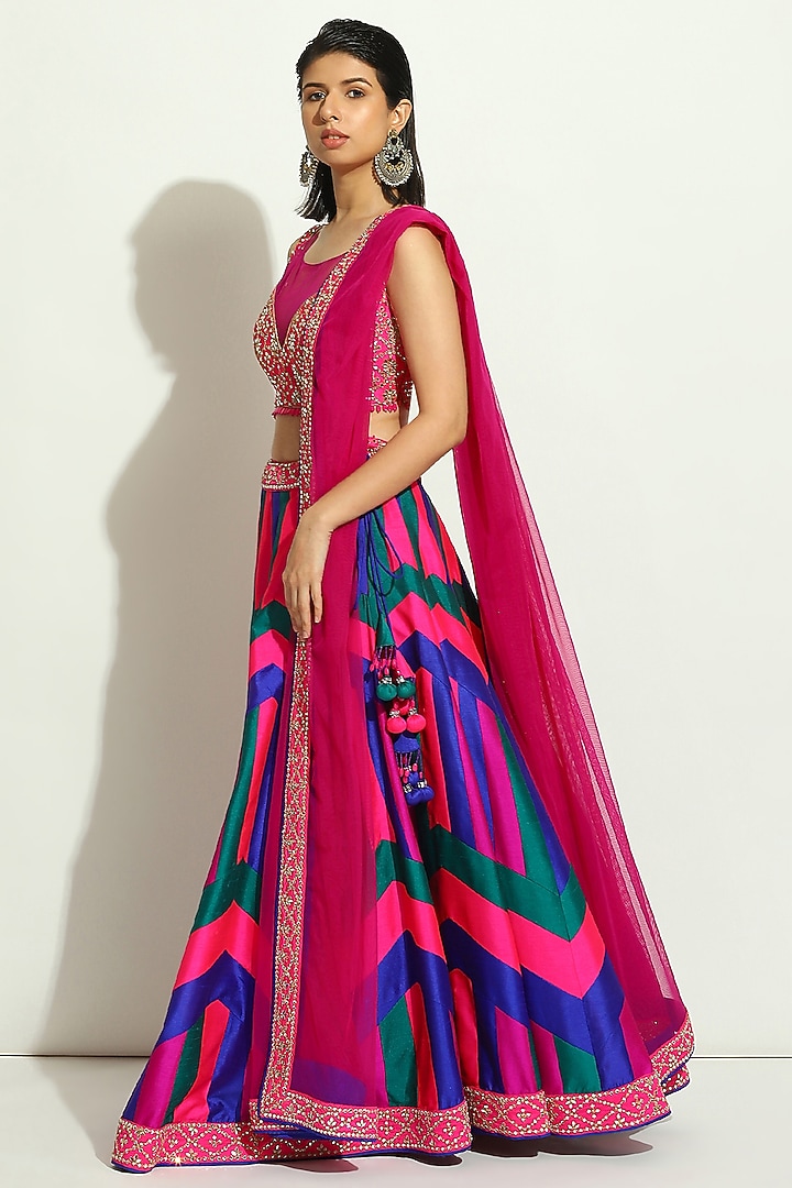 Multi-Colored Dupion Silk Chevron Wedding Lehenga Set by Vandana Sethi at Pernia's Pop Up Shop