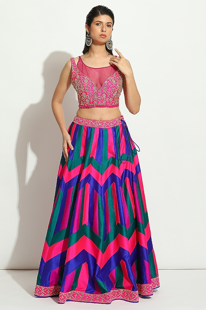 Multi-Colored Dupion Silk Chevron Wedding Lehenga Set by Vandana Sethi at Pernia's Pop Up Shop
