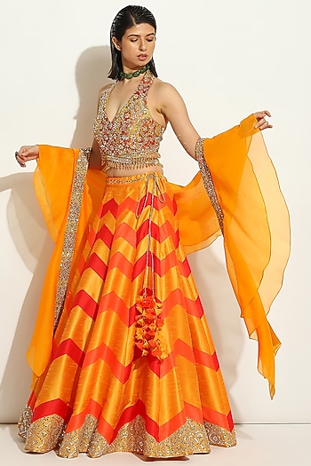 Multi-Colored Dupion Silk Chevron Wedding Lehenga Set by Vandana Sethi at Pernia's Pop Up Shop