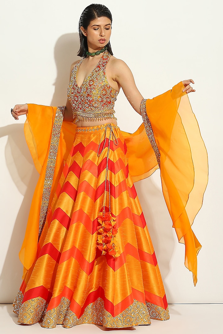 Multi-Colored Dupion Silk Chevron Wedding Lehenga Set by Vandana Sethi ...