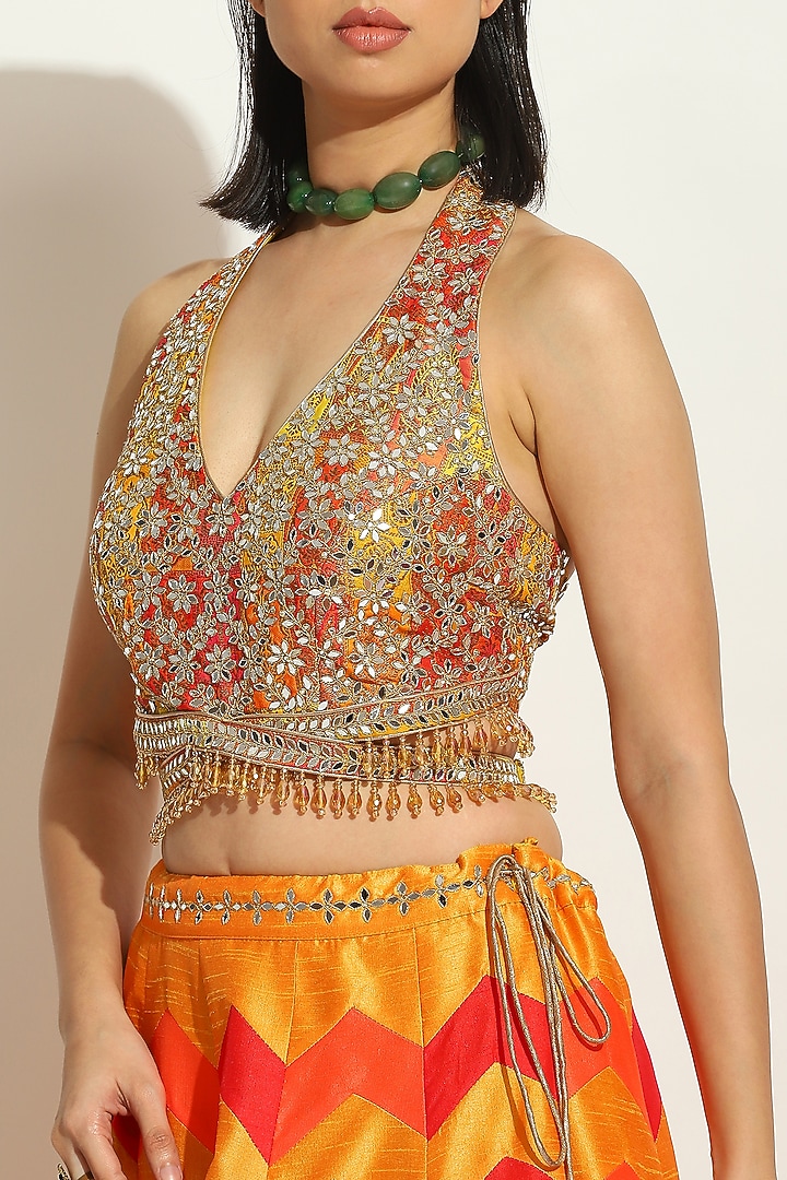 Multi-Colored Dupion Silk Chevron Wedding Lehenga Set by Vandana Sethi at Pernia's Pop Up Shop