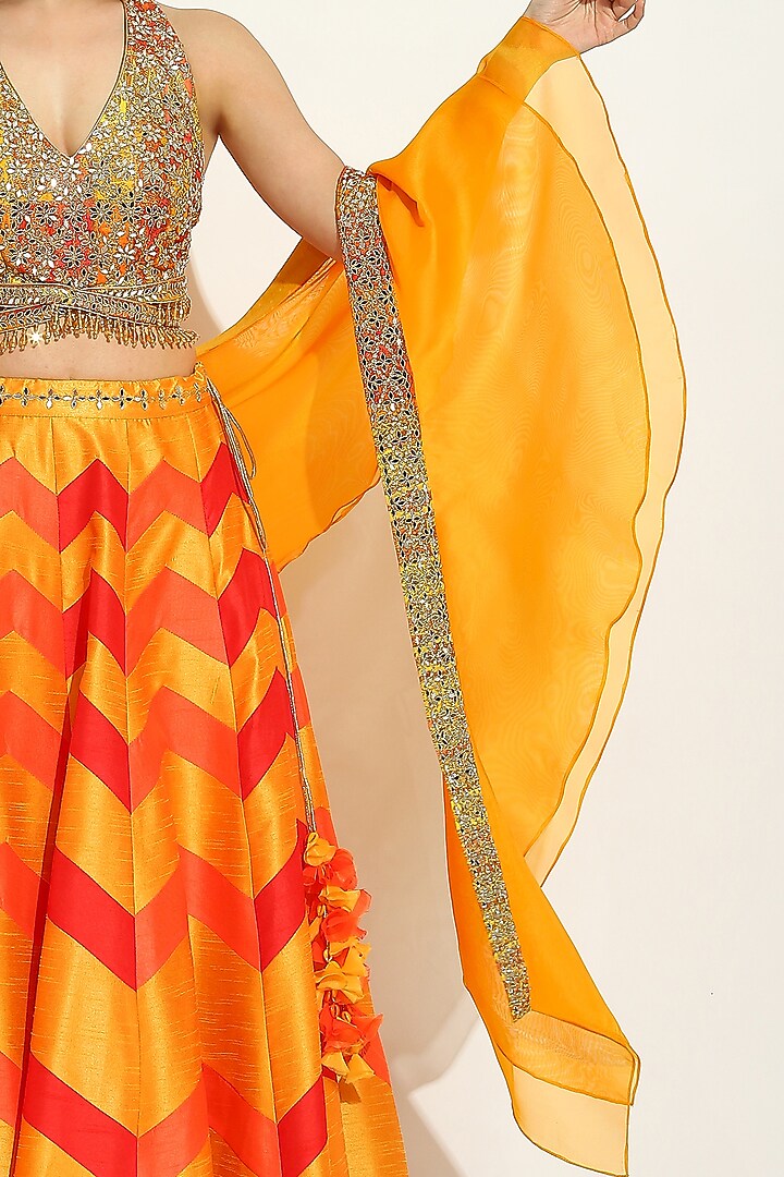 Multi-Colored Dupion Silk Chevron Wedding Lehenga Set by Vandana Sethi at Pernia's Pop Up Shop