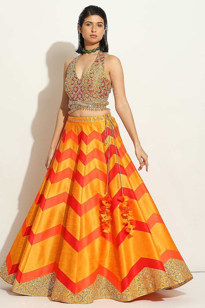 Multi-Colored Dupion Silk Chevron Wedding Lehenga Set by Vandana Sethi at Pernia's Pop Up Shop