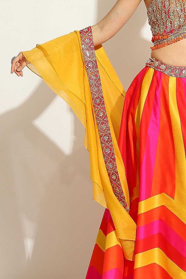 Multi-Colored Dupion Silk Chevron Wedding Lehenga Set by Vandana Sethi at Pernia's Pop Up Shop