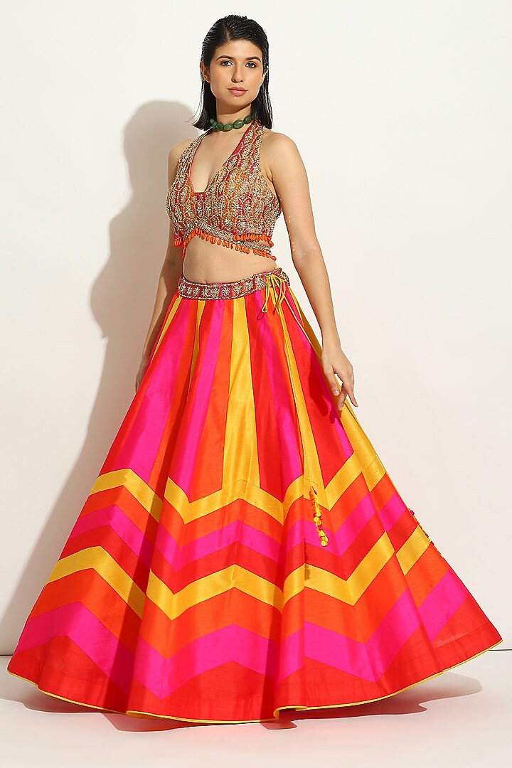 Multi-Colored Dupion Silk Chevron Wedding Lehenga Set by Vandana Sethi at Pernia's Pop Up Shop