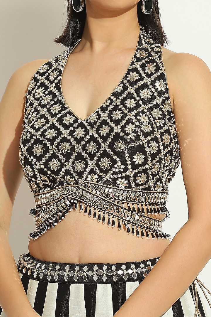 Black & White Dupion Silk Chevron Wedding Lehenga Set by Vandana Sethi at Pernia's Pop Up Shop