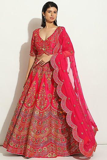Fuchsia Pink Dupion Silk Zardosi Embroidered Bridal Lehenga Set by Vandana Sethi at Pernia's Pop Up Shop