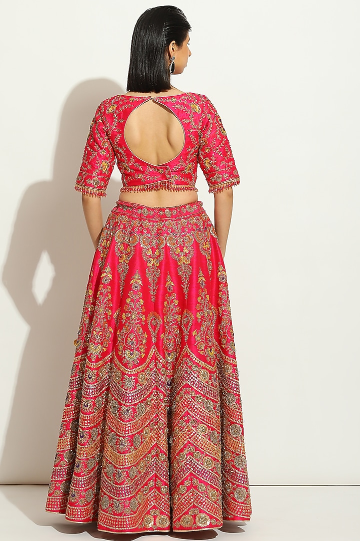 Fuchsia Pink Dupion Silk Zardosi Embroidered Bridal Lehenga Set by Vandana Sethi at Pernia's Pop Up Shop