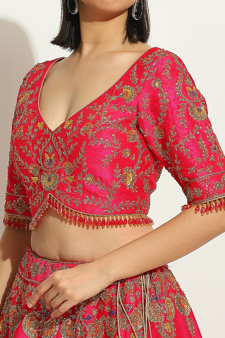 Fuchsia Pink Dupion Silk Zardosi Embroidered Bridal Lehenga Set by Vandana Sethi at Pernia's Pop Up Shop