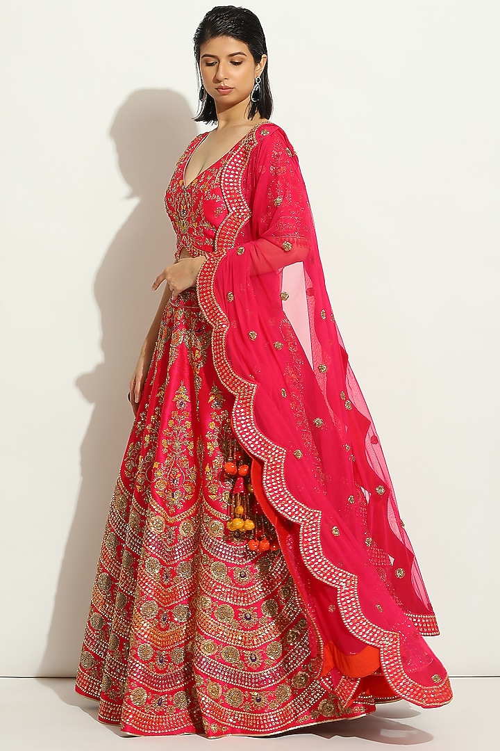 Fuchsia Pink Dupion Silk Zardosi Embroidered Bridal Lehenga Set by Vandana Sethi at Pernia's Pop Up Shop