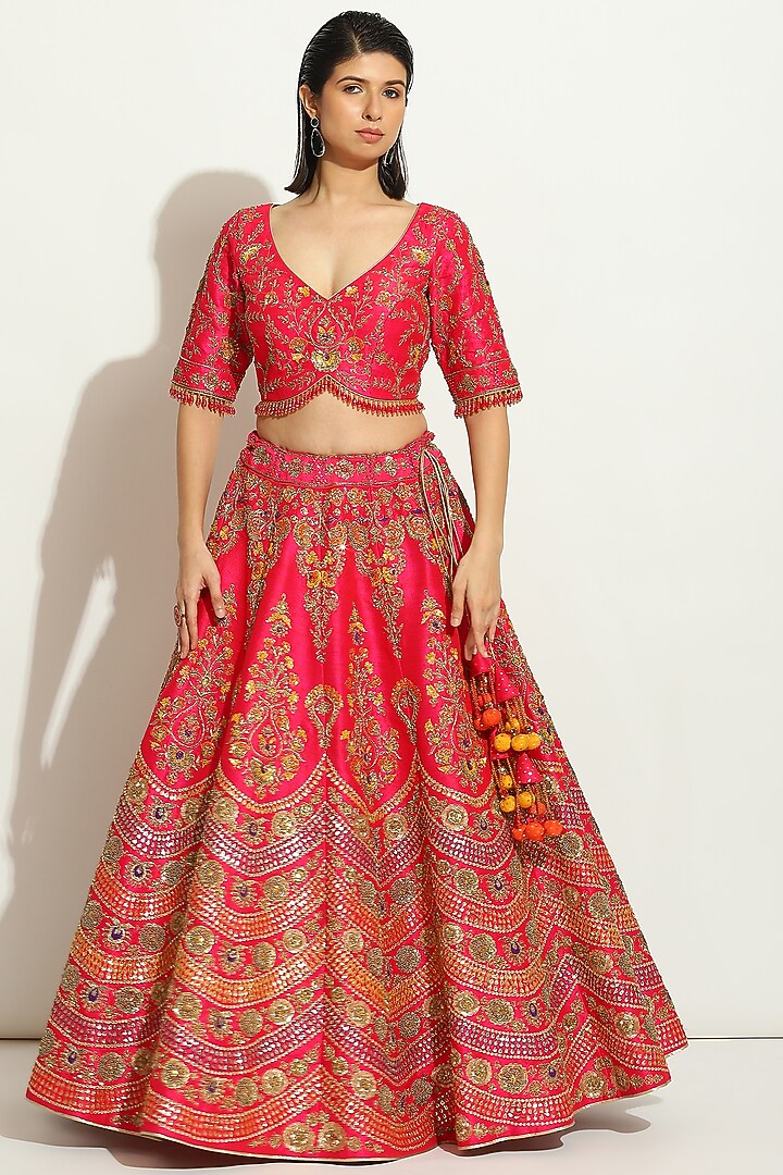 Fuchsia Pink Dupion Silk Zardosi Embroidered Bridal Lehenga Set by Vandana Sethi at Pernia's Pop Up Shop